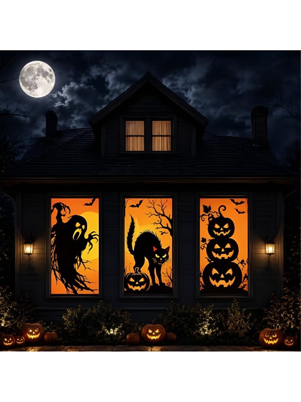 3 Pcs Halloween Ghost Silhouette Window Decor Large Ghost Black Cat Pumpkin
